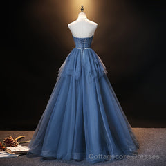 Blue Tulle Sweetheart Simple Pretty Floor Length Party Dress, Blue A-line Evening Dress Prom Dress