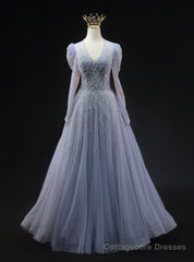 Blue Tulle V-neck Long Sleeve Beading Prom Dress