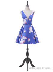 Brilliant Blue Print Homecoming Dress With Plunge V Neckline