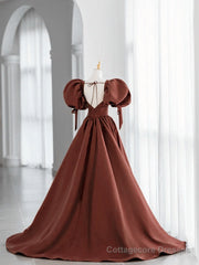 Brown Satin Short Sleeves Long Party Dress, Brown V-neckline Prom Dress