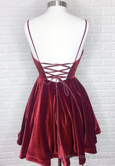 Burgundy V-Neck Velvet Short Prom Dresses, A-Line Party Dresses