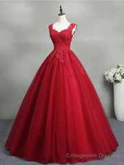 Burgundy A-Line Tulle Lace Long Prom Dress, Burgundy Formal Evening Dress