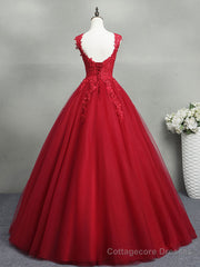 Burgundy A-Line Tulle Lace Long Prom Dress, Burgundy Formal Evening Dress