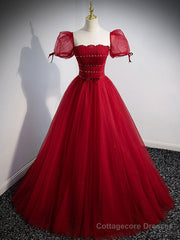 Burgundy Aline Tulle Beads Long Prom Dress, Burgundy Formal Dresses