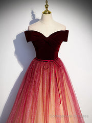 Burgundy Aline Tulle Sequin Long Prom Dress, Velvet Burgundy Formal Party Dress