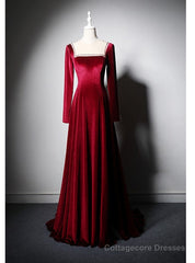 Burgundy Long Sleeve Velvet Beading Prom Dress