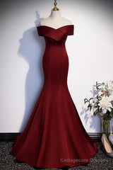 Burgundy Mermaid Long Prom Dress, Off the Shoulder V-Neck Formal Evening Dress