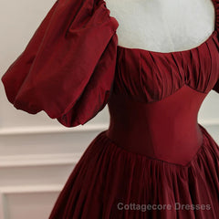 Burgundy Puffy Sleeves Taffeta Long Prom Dress, Floor Length Sweetheart Party Dress