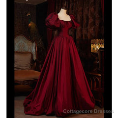 Burgundy Puffy Sleeves Taffeta Long Prom Dress, Floor Length Sweetheart Party Dress