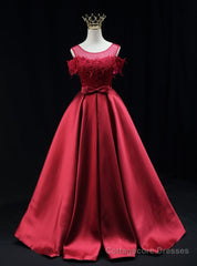 Burgundy Satin Lace Bow Prom Dress