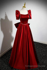 Burgundy Satin Long Prom Dress, A-Line Evening Dress with Bow