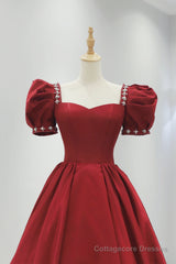 Burgundy Satin Long Prom Dress, A-Line Short Sleeve Evening Dress