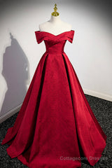 Burgundy Satin Long Prom Dress, Off Shoulder Evening Party Dress