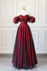 Burgundy Satin Tulle Long Prom Dress, Off Shoulder Evening Party Dress