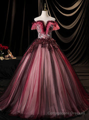 Burgundy Tulle Appliques Quinceanera Dress