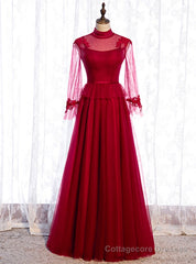 Burgundy Tulle High Neck Long Sleeve Backless Prom Dress
