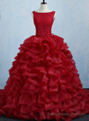 Burgundy Tulle Lace Backless Quinceanera Dress