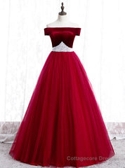 Burgundy Tulle Off the Shoulder Prom Dress With Pearls 2020