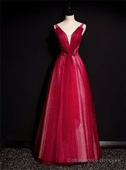 Burgundy Tulle Sequins V-neck Pleats Beading Prom Dress