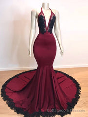 Burgundy V-neck Halter Appliques Long Mermaid Evening Dresses
