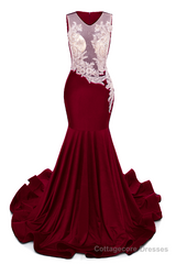 Burgundy V-Neck Sheer Corset Prom Dresses Beaded Mermaid Long Train Evening Gowns