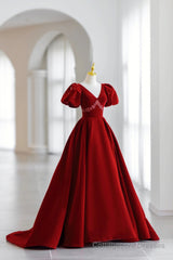 Burgundy V-Neck Velvet Long Formal Dress, A-Line Short Sleeve Evening Dress