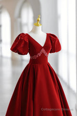 Burgundy V-Neck Velvet Long Formal Dress, A-Line Short Sleeve Evening Dress