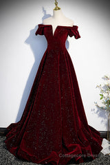 Burgundy Velvet Long Prom Dress, A-Line Off the Shoulder Evening Dress