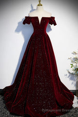 Burgundy Velvet Long Prom Dress, A-Line Off the Shoulder Evening Dress