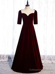 Burgundy Velvet Short Sleeve Scoop Prom Dress