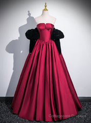Burugndy Satin Strapless Black Velvet Long Sleeve Prom Dress