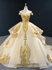 Champagne Ball Gown Tulle Gold Sequins Appliques Off the Shoulder Prom Dress