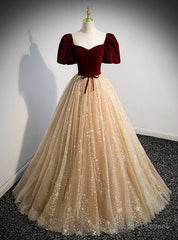 Champagne Tulle Burgundy Velvet Puff Sleeve Prom Dress