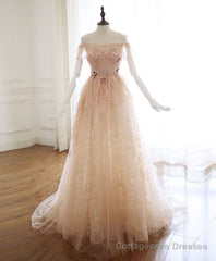 Champagne Tulle Lace Long Prom Dress Champagne Tulle Lace Evening Dress