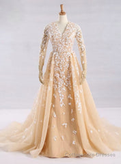 Champagne Tulle Long Sleeve Nude Color Tulle Crystal Royal Party Dress