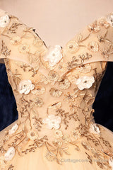 Champagne V-Neck Lace Long Ball Gown, Off the Shoulder Formal Evening Dress