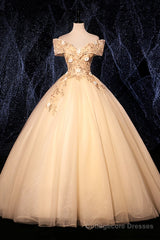 Champagne V-Neck Lace Long Ball Gown, Off the Shoulder Formal Evening Dress
