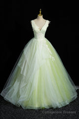 Charming Tulle Lace Green Prom Dresses, V-Neck Sleeveless Floor-Length Formal Evening Dresses
