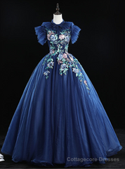 Check Out Entire Collection Navy Blue Ball Gown Tulle Embrodiery Backless Quinceanera Dress