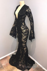 Chic Black Lace V-neck Long Sleevess Mermaid Prom Dresses Sheer Floor Length Evening Gowns