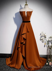 Coffee Satin Strapless Pleats Prom Dress With Split