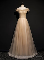 Coffee Tulle Off the Shoulder Beading Prom Dress