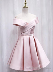 Cute Satin Pink Sweetheart Off Shoulder Knee Length Party Dress, Short Prom Dress