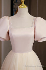 Cute Satin Tulle Long Prom Dress, A-Line Short Sleeve Evening Dress