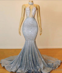 Glamorous Halter Sleeveless Backless Mermaid Floor-length Prom Dress