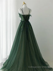 Dark Green Long Beaded A-line Evening Dress Party Dress, Green Prom Dress