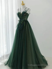 Dark Green Long Beaded A-line Evening Dress Party Dress, Green Prom Dress