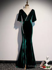 Dark Green Mermaid Velvet Short Sleeve V-neck Prom Dress