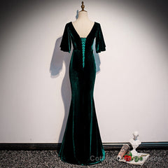 Dark Green Velvet Mermaid Slit V-neckline Formal Dress Party Dress, Long Evening Dresses