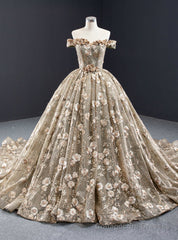 Dark Khaki Ball Gown Tulle Embroidery Appliques Off the Shoulder Prom Dress
